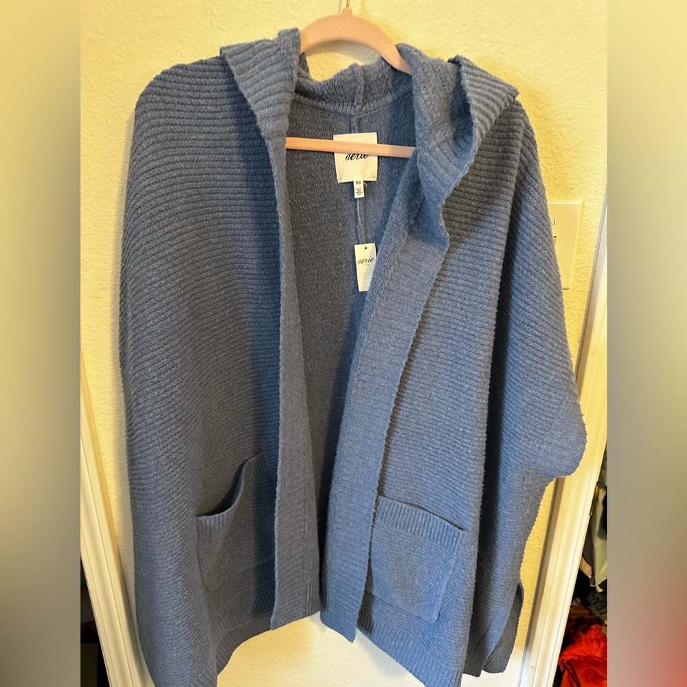 Blue Knit Hooded Cardigan Short Sleeve